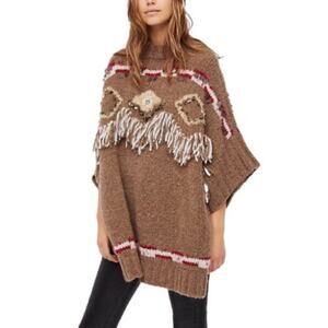 Free People Brown Fringe Oversized Poncho Sweater XS
